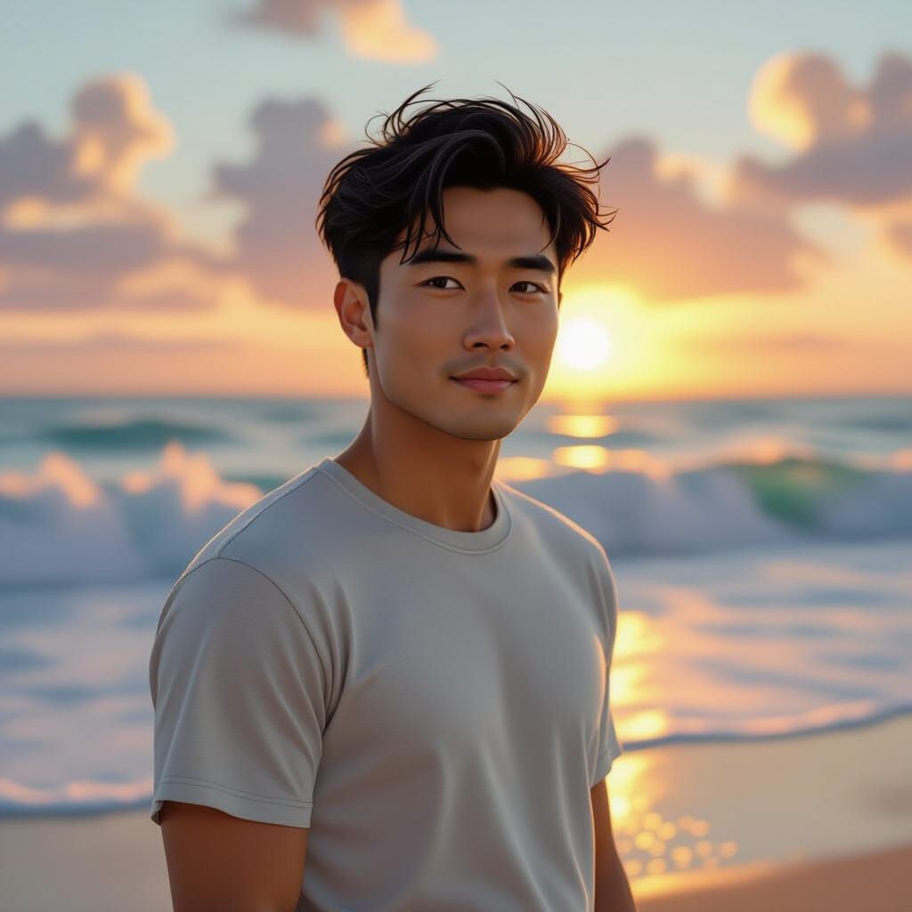Man at Beach with Crashing Wave, Ethereal Atmosphere