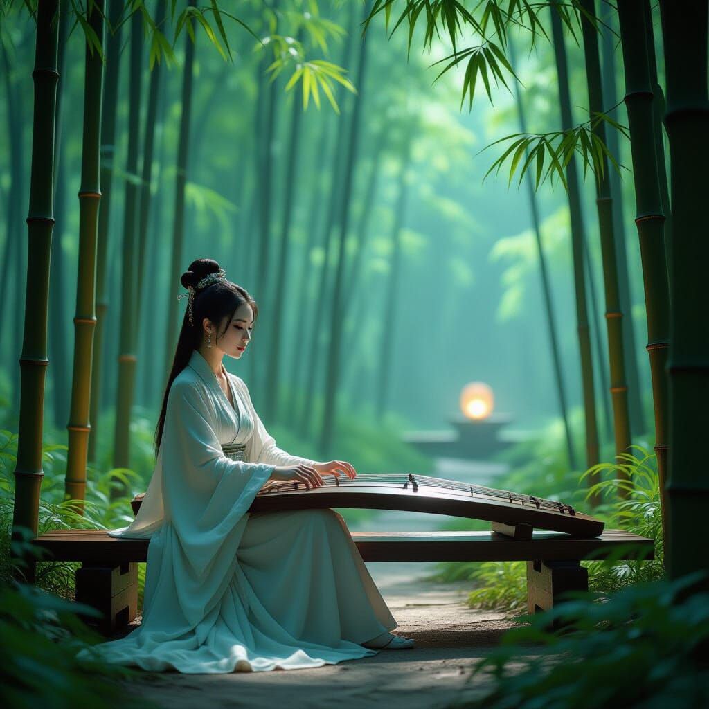 Futuristic Bamboo Forest: Serene Woman in Bioluminescent Lan...