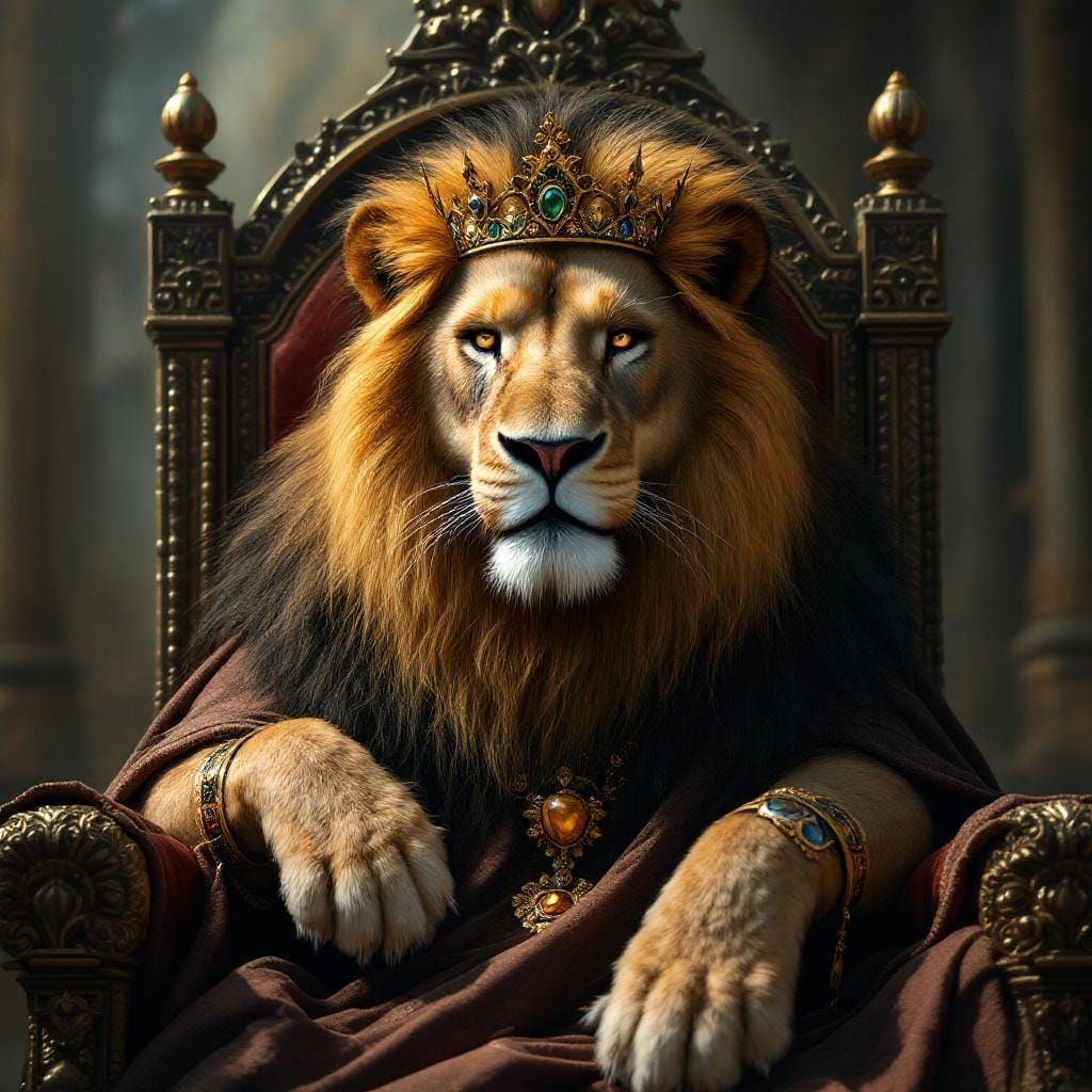 Regal Lion King on Ornate Throne with Crown