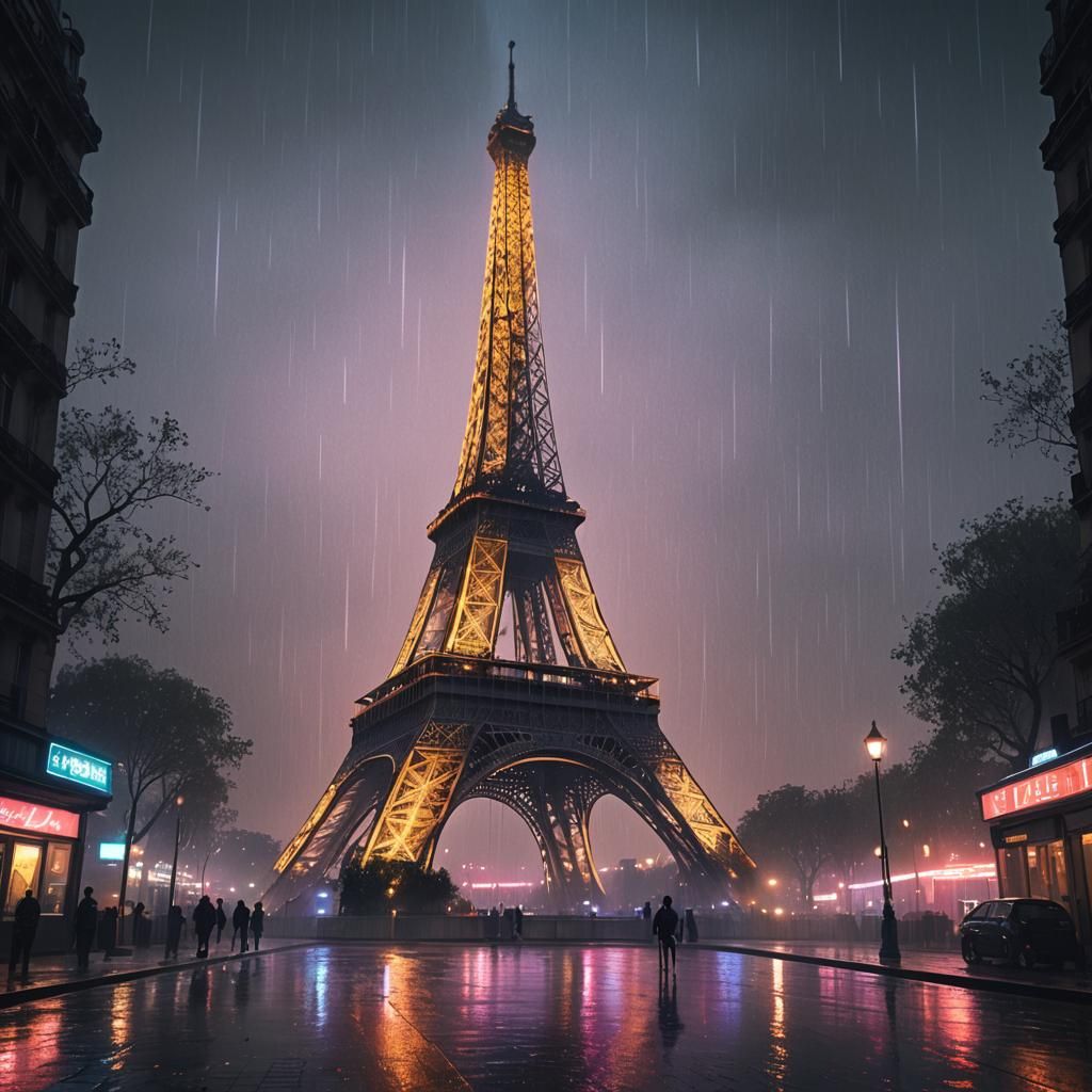 Futuristic Eiffel Tower in Neon-Lit Metropolis
