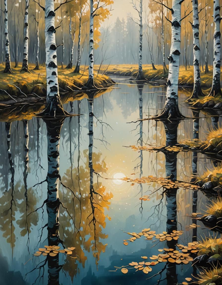 Surreal Birch and Pine Trees Oil Painting