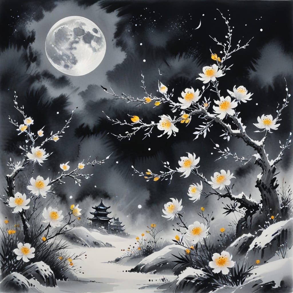 Chinese Ink Painting of a Snowy Moonlit Night
