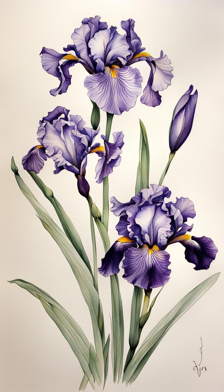 Botanical Ink Drawing of a Violet Iris Flower