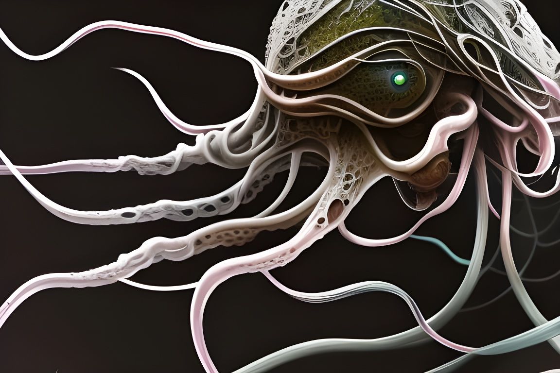 Biomechanical Squid with Blossoming Ecosystem, Hyperrealism