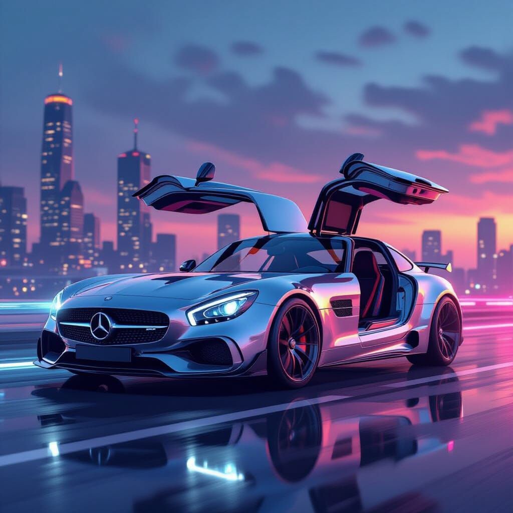 Futuristic Mercedes Benz in Cyberpunk Cityscape