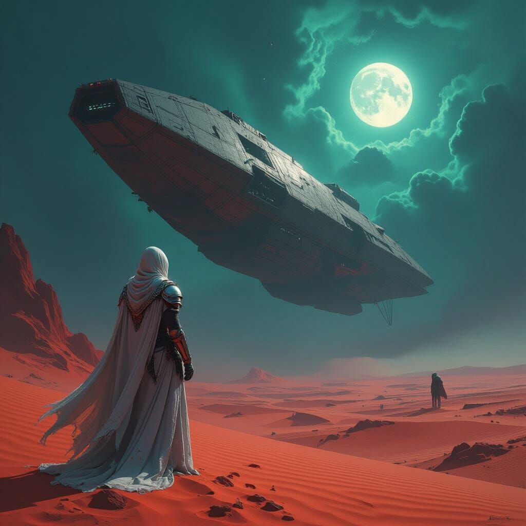 Armored Valkyrie Gazing at Derelict Spaceship on Alien Plane...