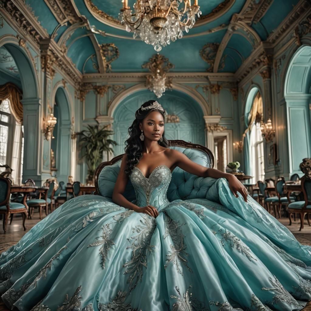 Woman in Aqua Ball Gown, Hyperrealistic Image