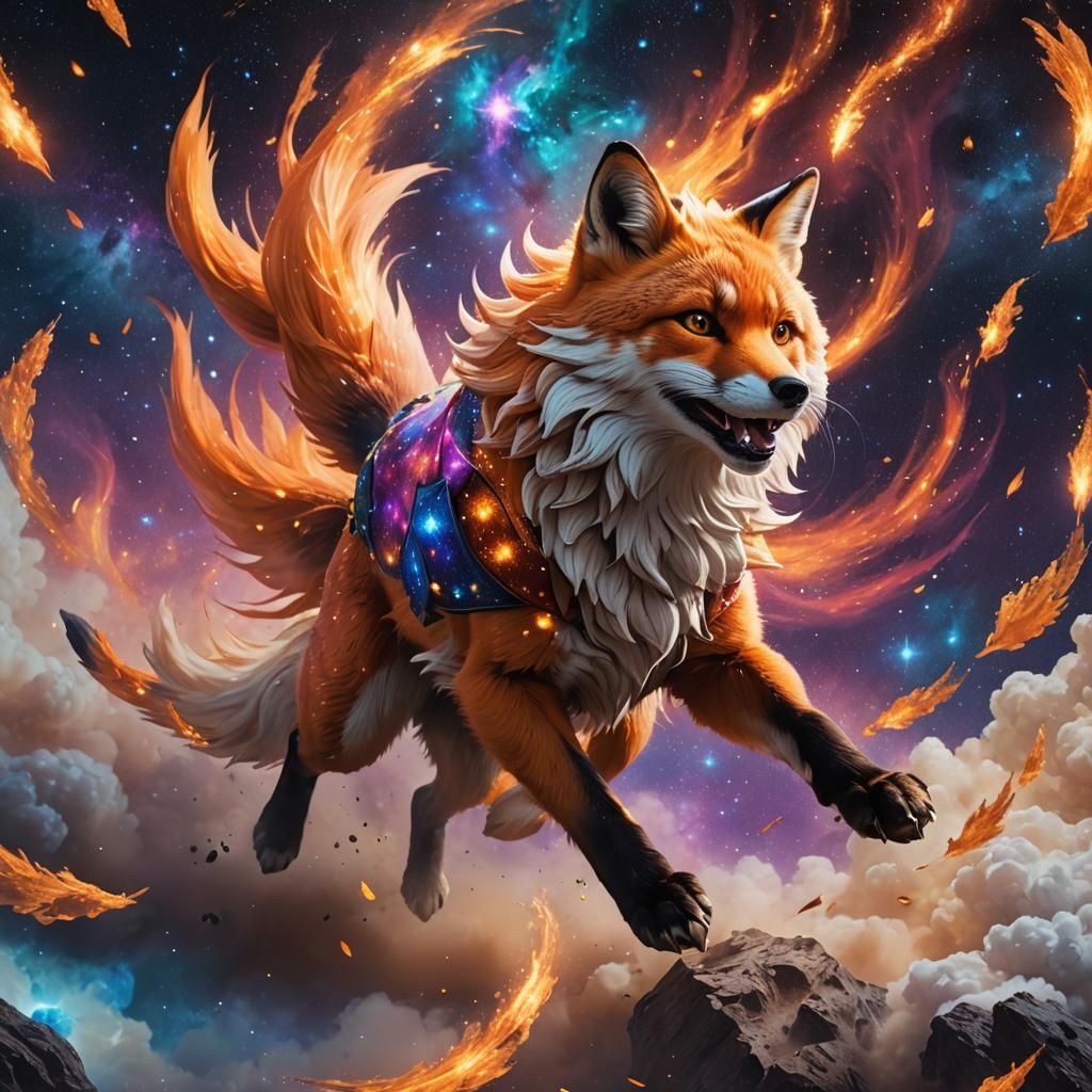 Nine-Tailed Fox Amidst Stars and Nebulae