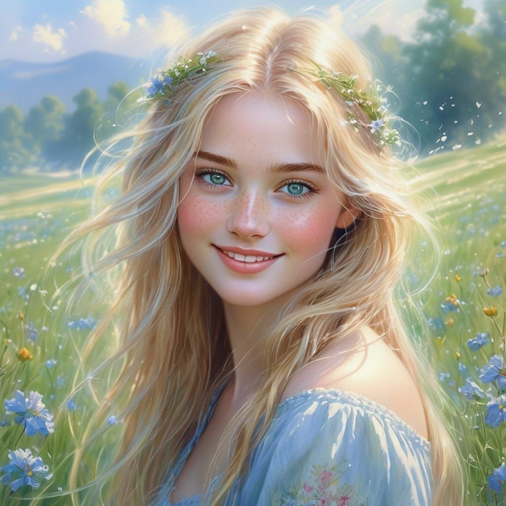 Pencil Sketch of a Beautiful Woman in a Summer Meadow