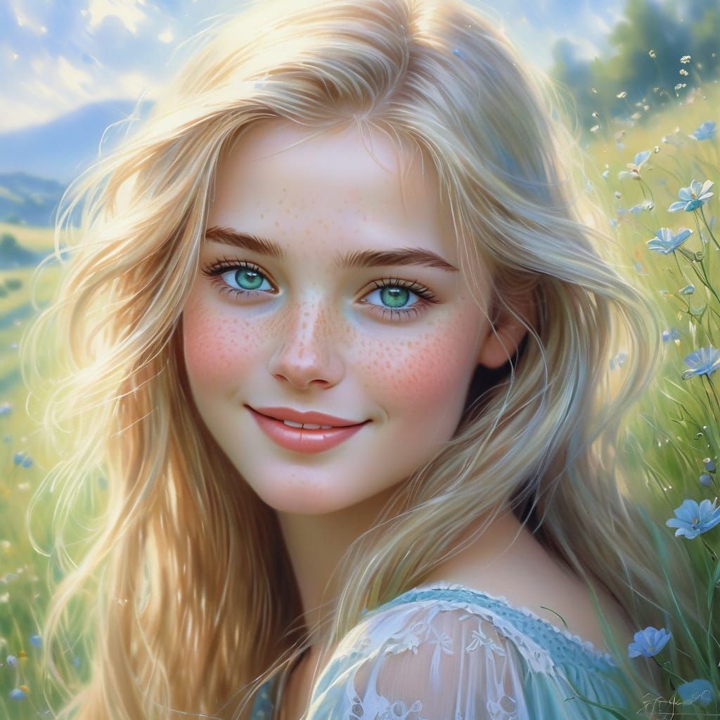 Pencil Sketch of a Beautiful Woman in a Meadow