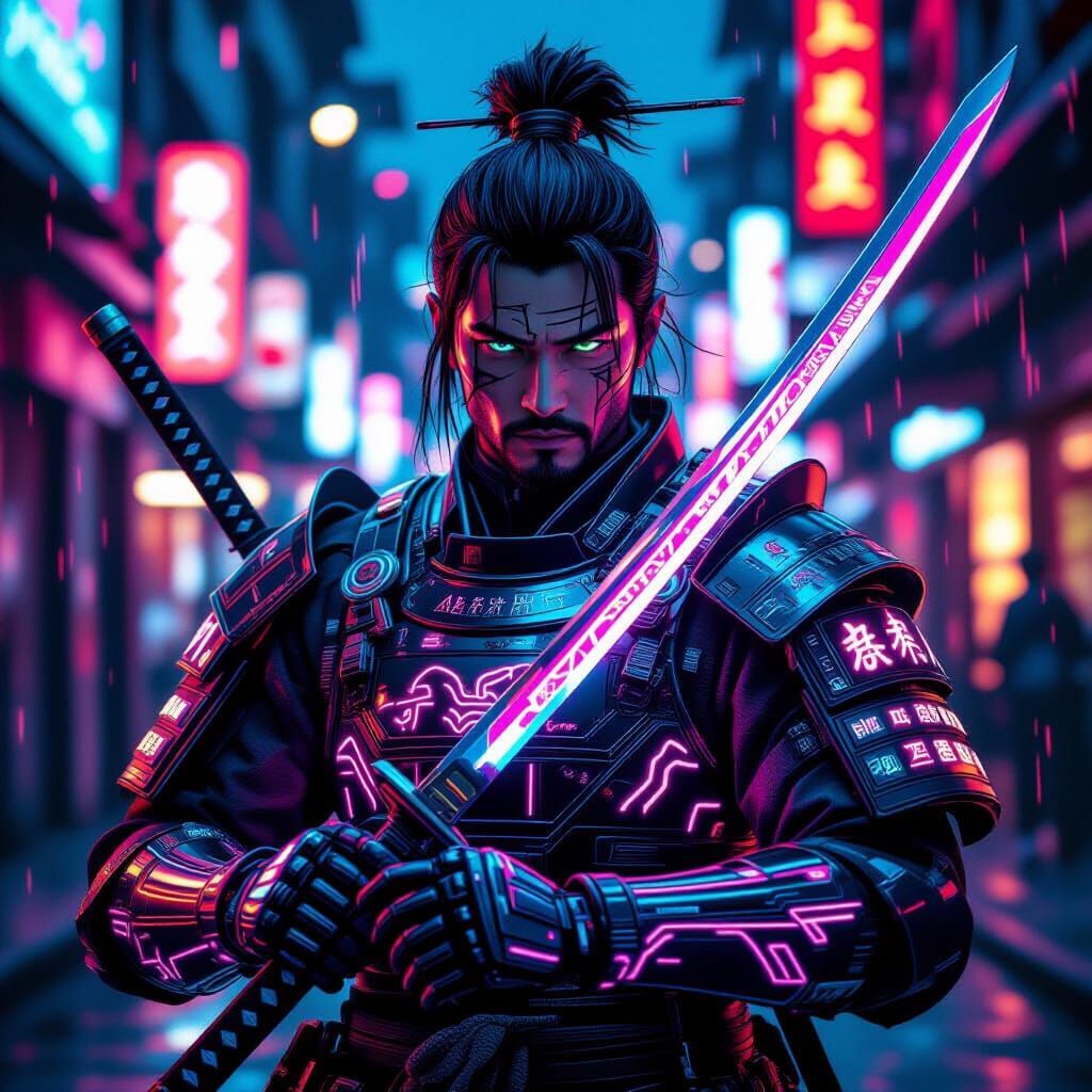 Cyberpunk Samurai Portrait with Neon Armor and Katana