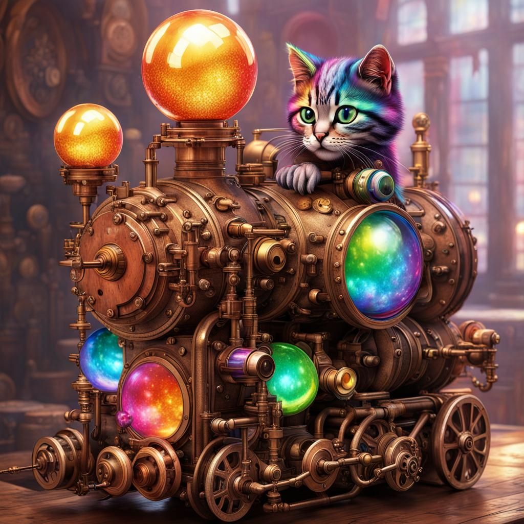 Kittens with Rainbow Tulips in Steampunk Style