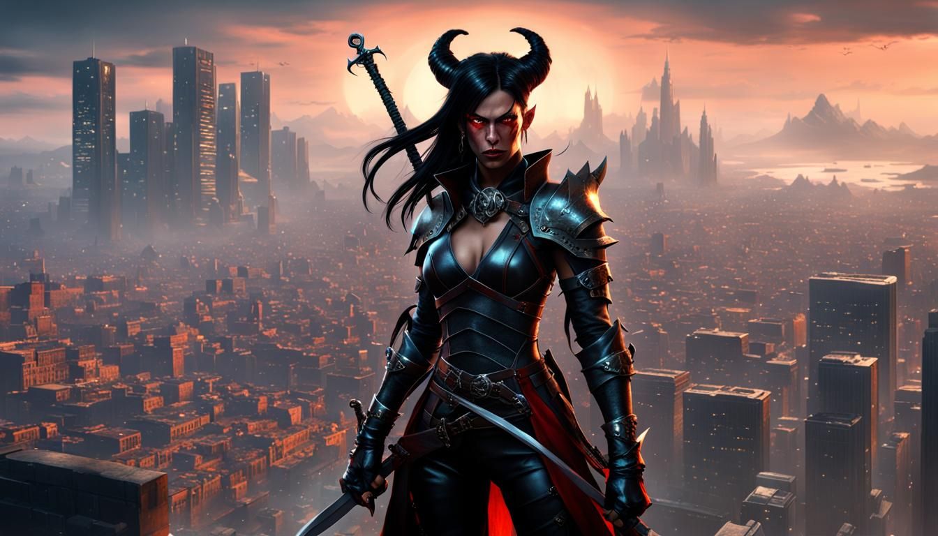 Tiefling Rogue in Dark City: Fantasy Art
