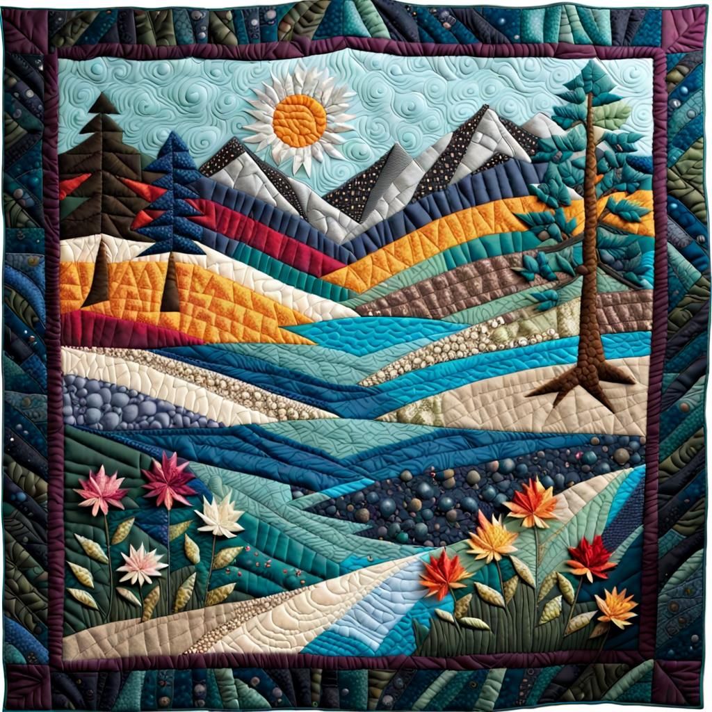 Nature Quilt with Fabric Textures and Embellishments