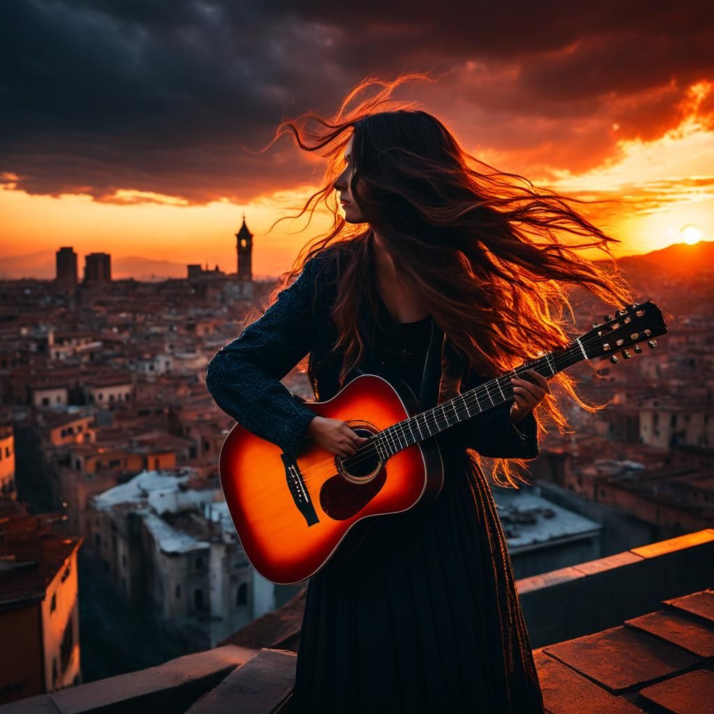 Woman with Guitar Silhouetted Against Ominous Sunset