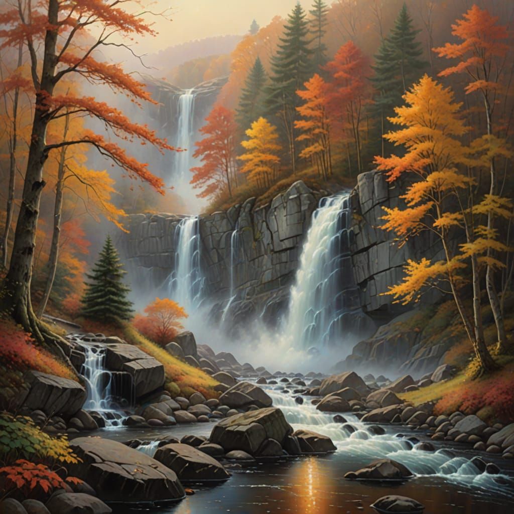 Ethereal Autumn Waterfall with Raindrop in Thomas Kinkade St...