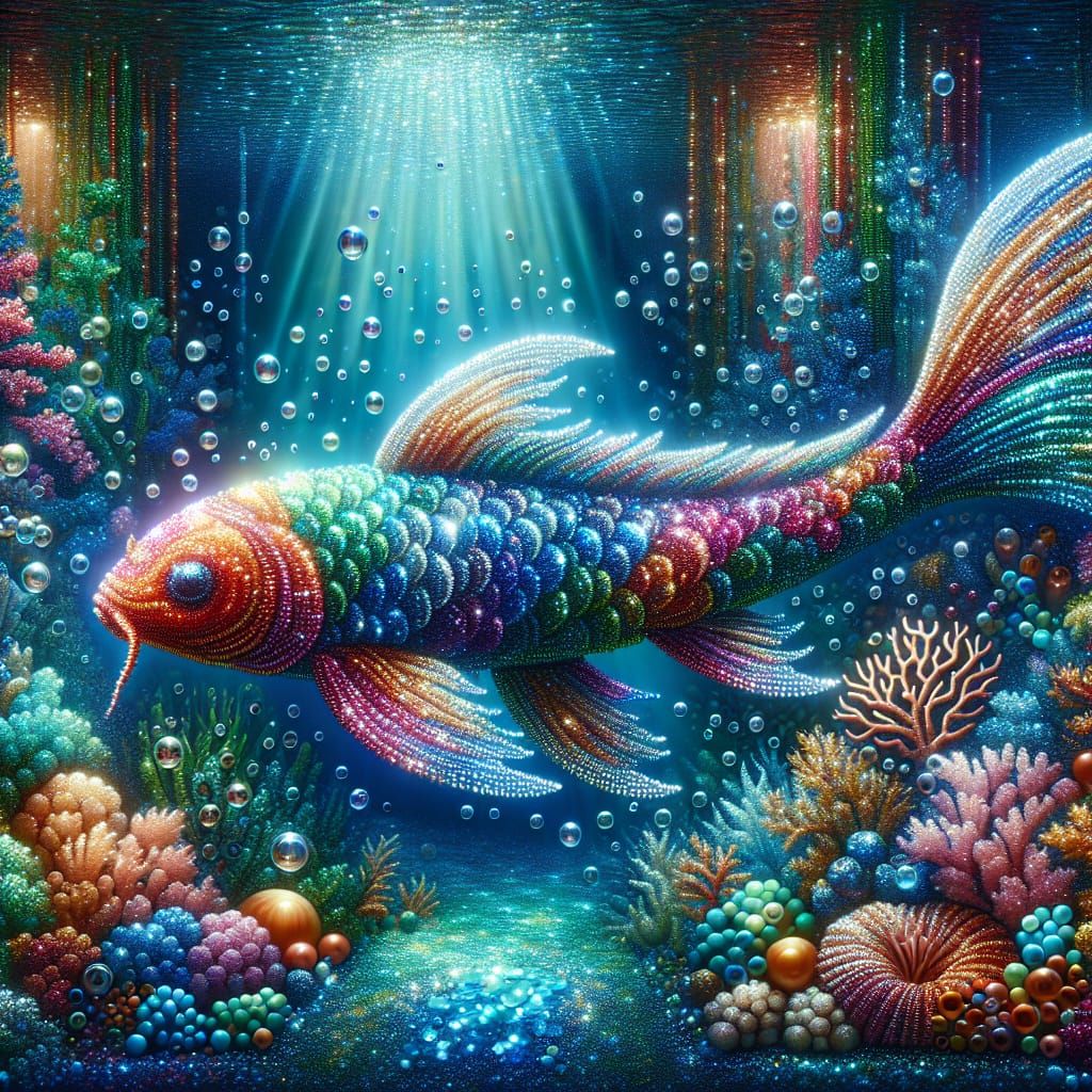 Vibrant Sequin Koi in Shimmering Coral Forest