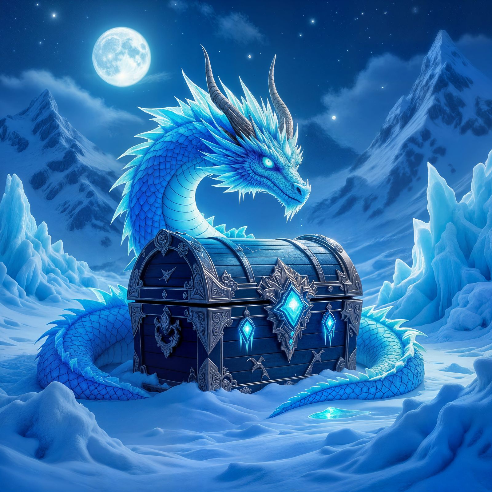 Icy Dragon Guarding Treasure Chest in Moonlight