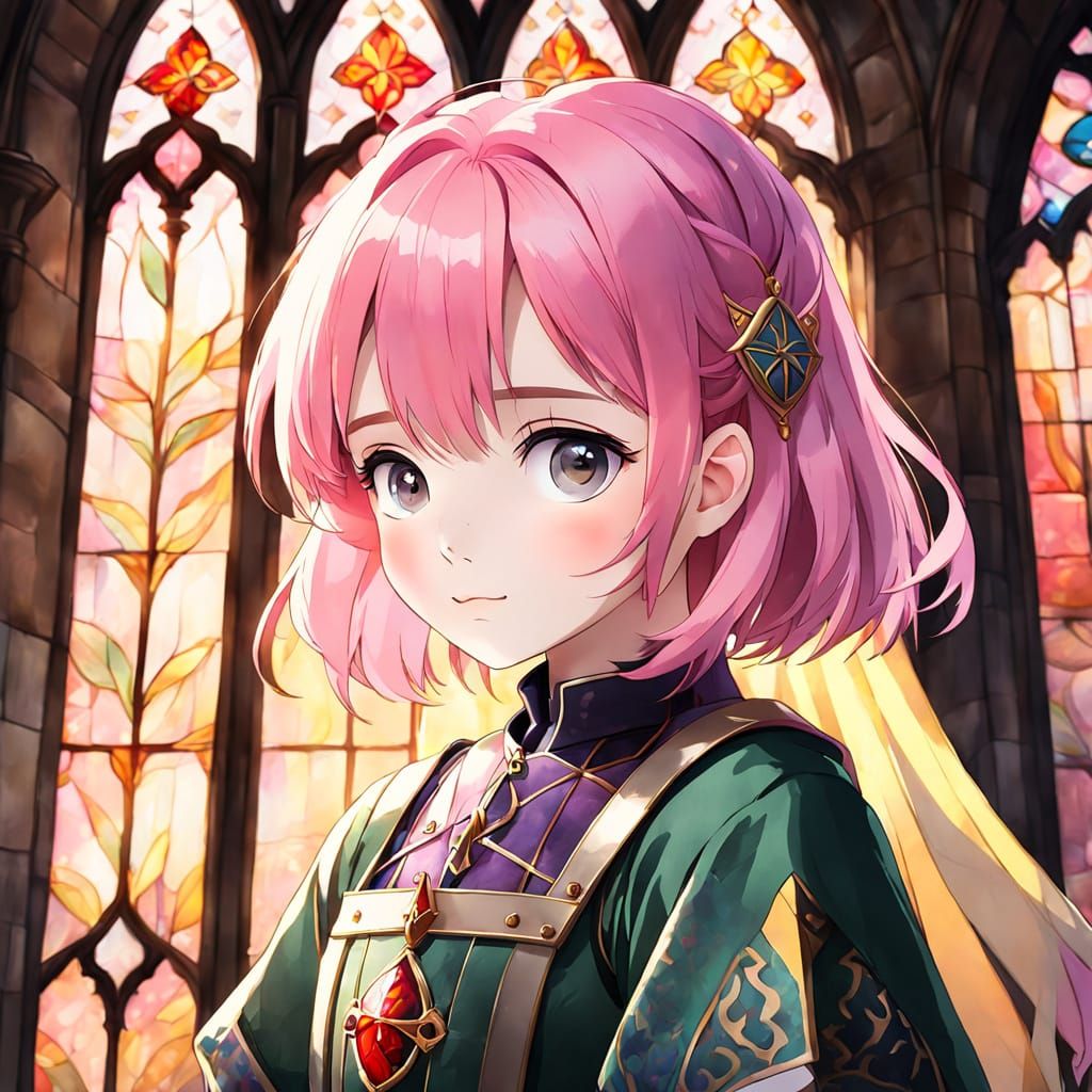 Watercolor Anime Portrait of a Little Girl in a Medieval Set...