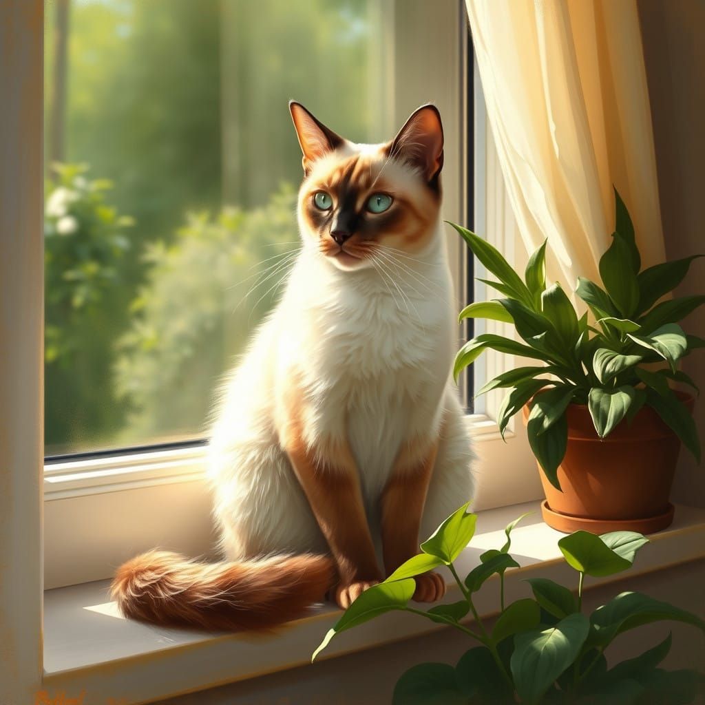 Regal Siamese Cat in Warm, Sunlit Setting