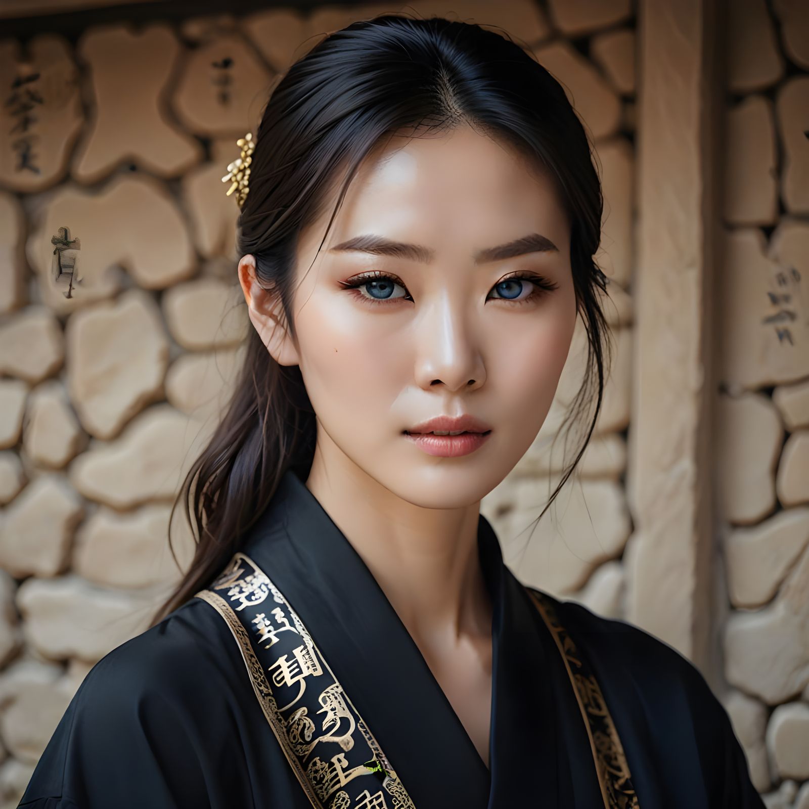 Elegant Korean Woman in Black Robe Portrait