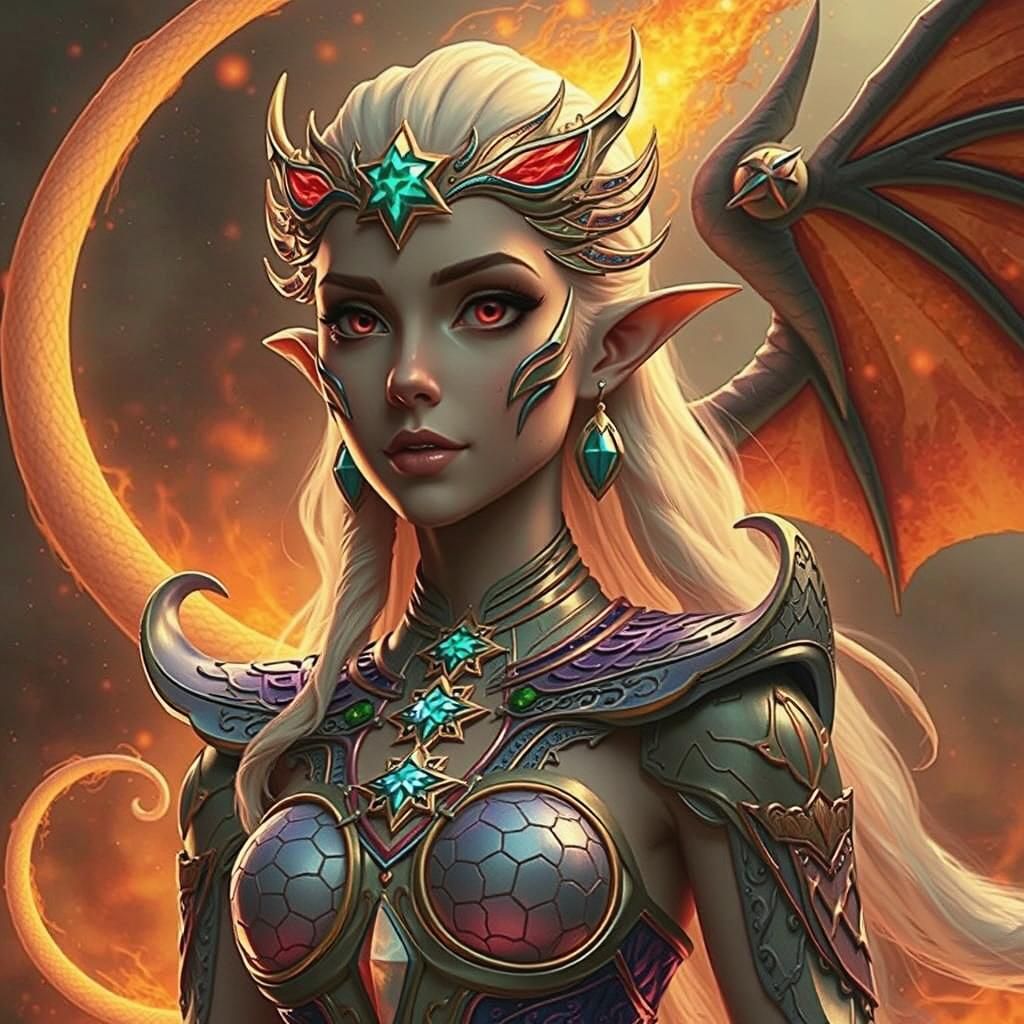 Dragon-Embodied Elven Princess with Bioluminescent Gemstone