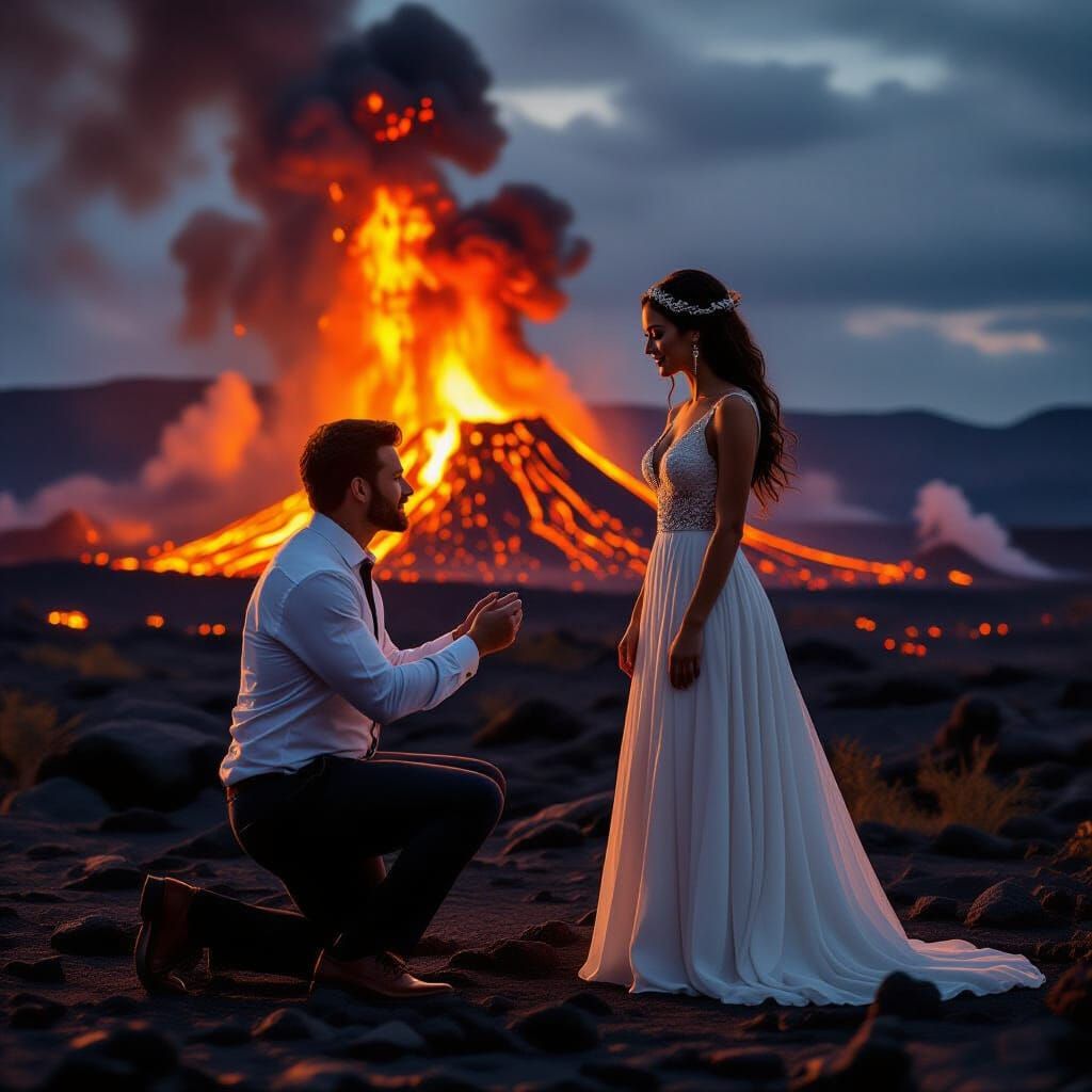Apocalyptic Proposal at Erupting Volcano, Dramatic Style