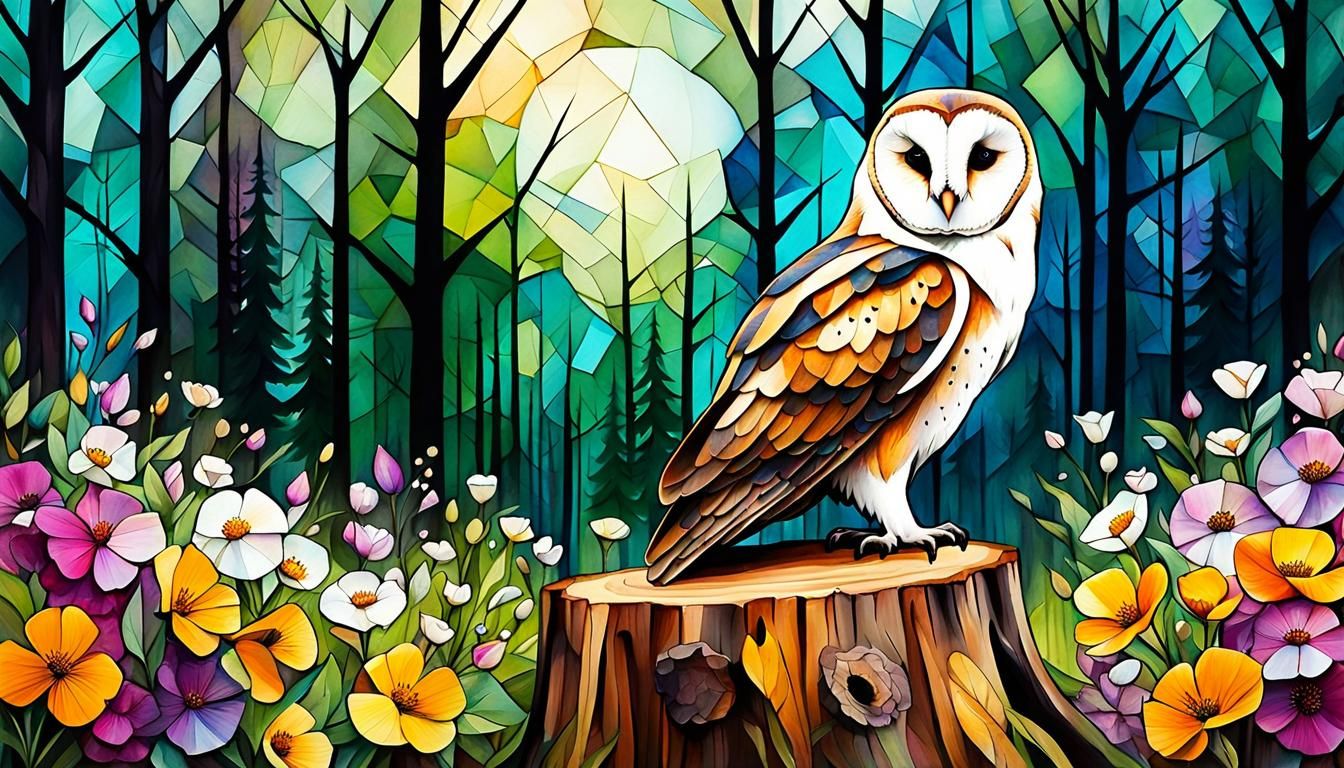 Barn Owl in Spring Forest with Cubist Effect