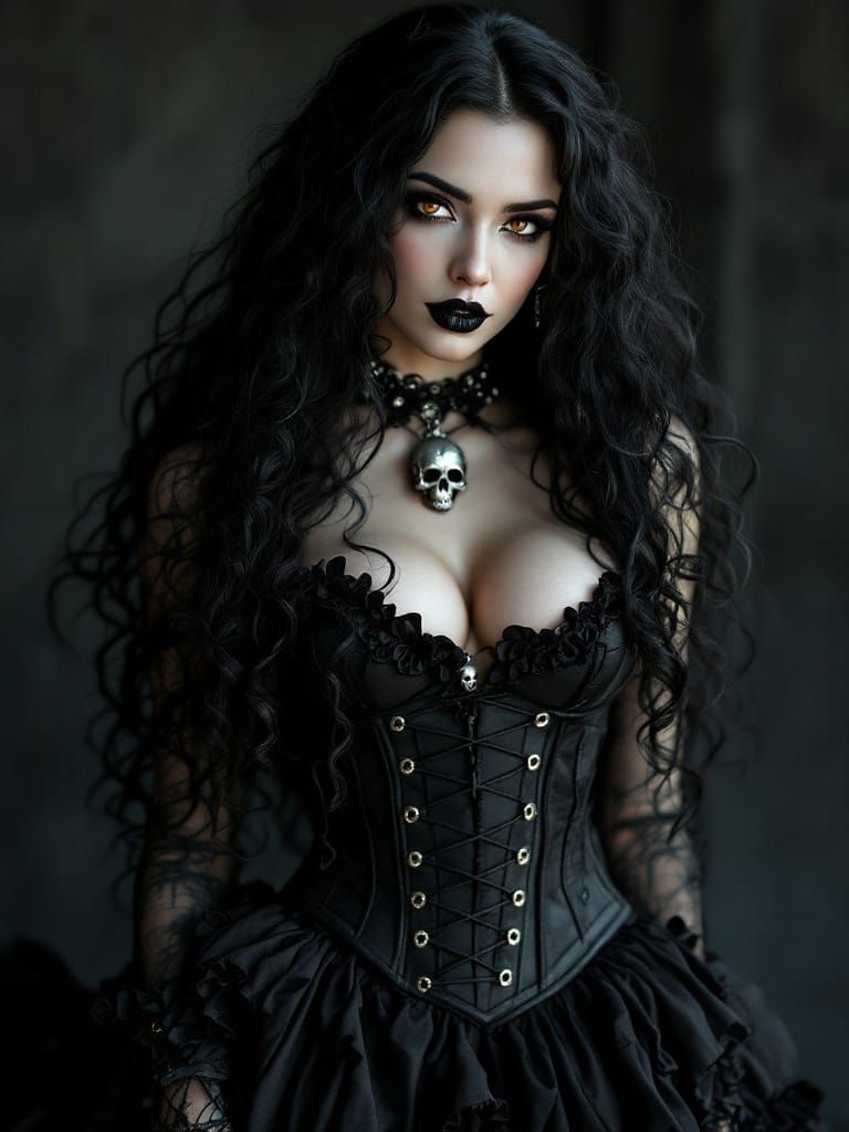 Ethereal Goth Siren in Victorian-Inspired Corset and Frilled...
