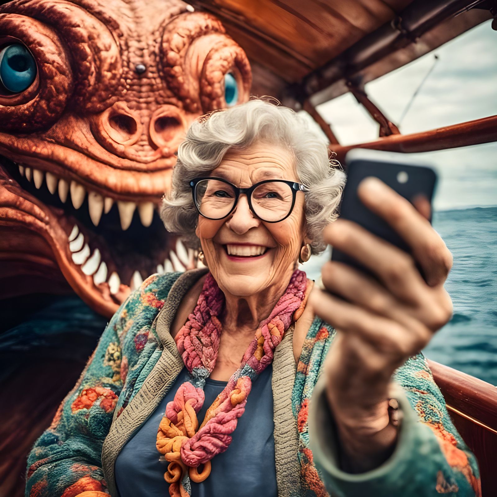 Grandmother's Kraken Selfie: Hyperrealistic Digital Photogra...