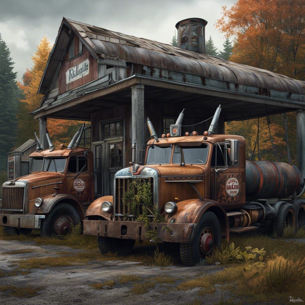 Creepy Trucks at Abandoned Gas Station in Hyperrealism
