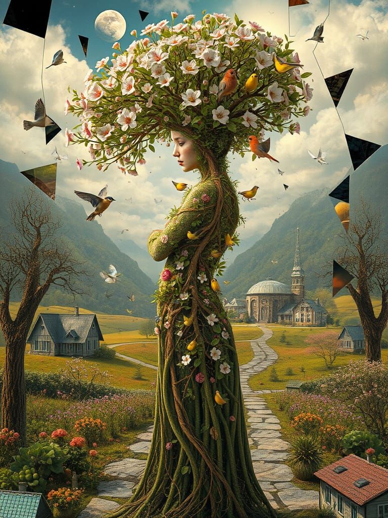 Surreal Tree Woman Stands in Vibrant Springtime Village
