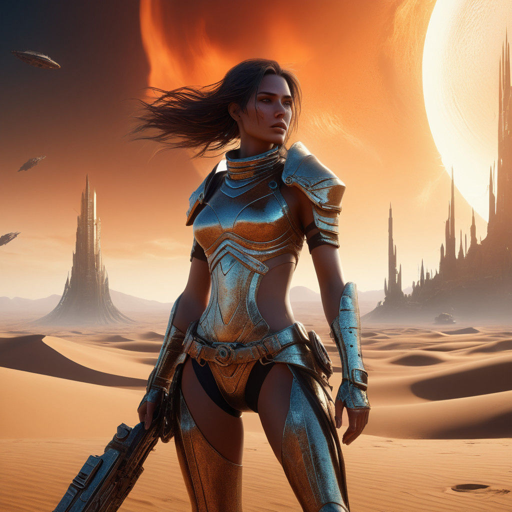 Epic Space Princess in Desert Planet Landscape with Distant...