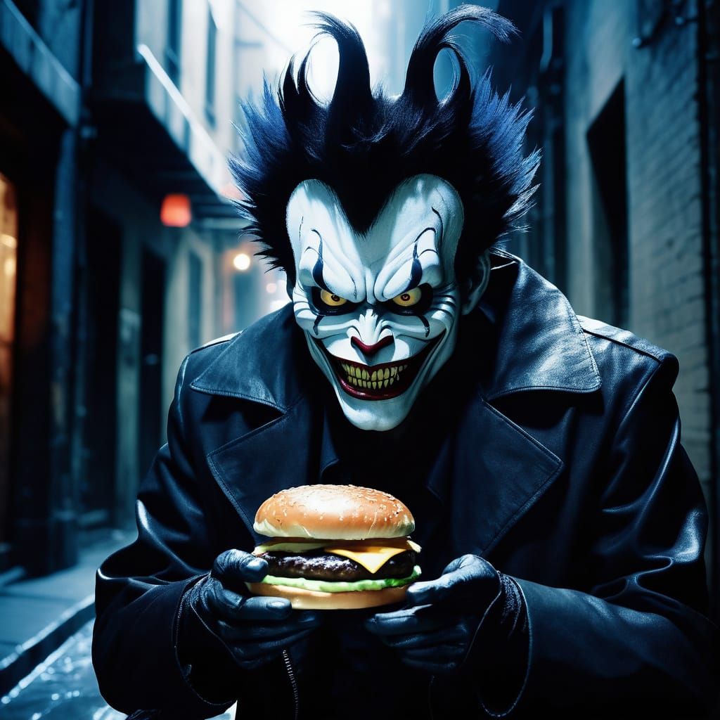 Moody Ryuk Bites into a Cheeseburger in a Dark Alleyway