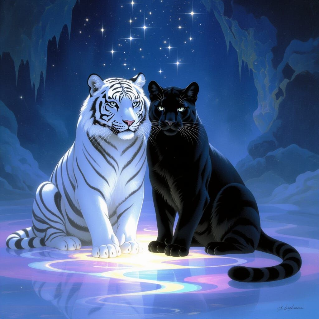Mystical Tiger-Puma Hybrid on Glowing Surface