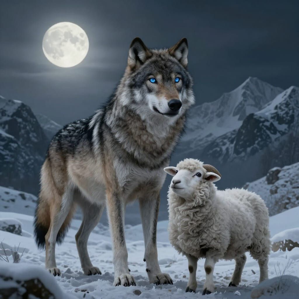 Wolf on Sheep Under Full Moon Dark Fantasy Illustration
