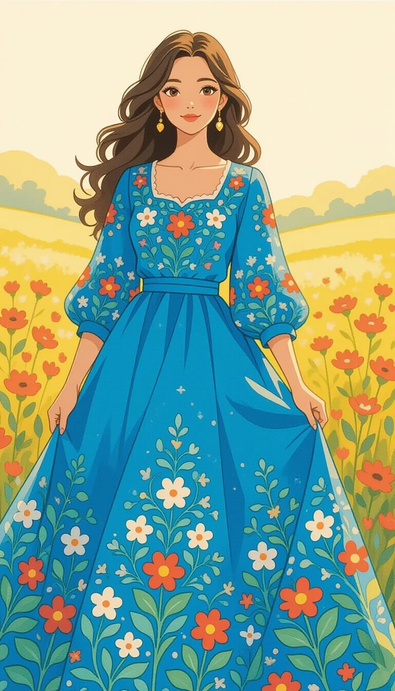 Woman in Blue Floral Dress, Inspired by Anime Art