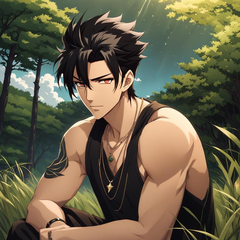 Handsome Man on Grassy Hill in Anime Style