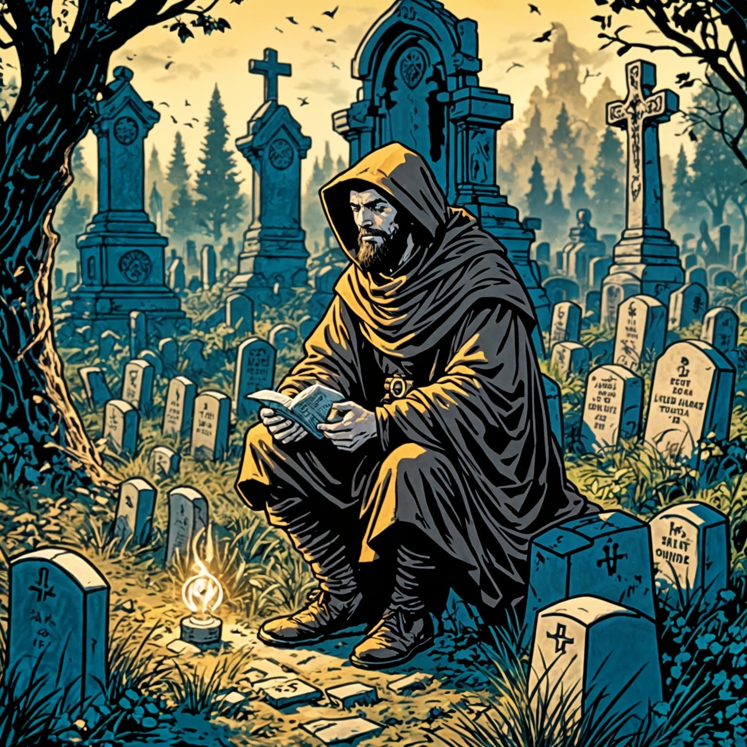 Monk Contemplates Cemetery with Electric Graves in Comic Sty...