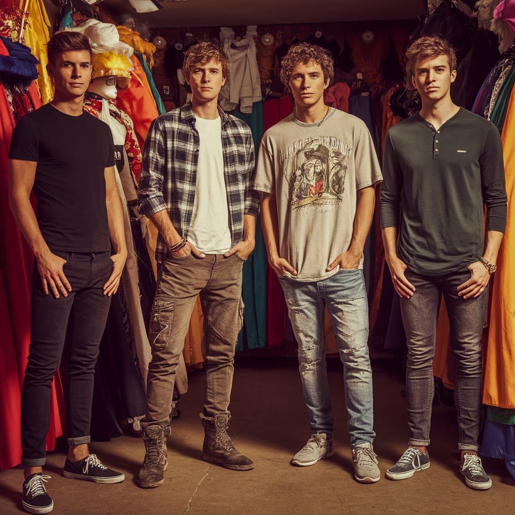 Four Young Men Showcase Unique Styles in a Vibrant Fancy Dre...