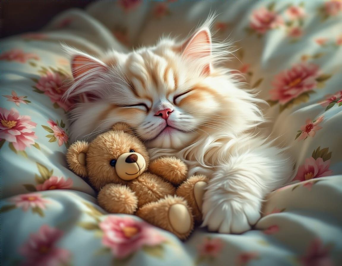 Fluffy Persian Kitty Cat Sleeping with Teddy Bear
