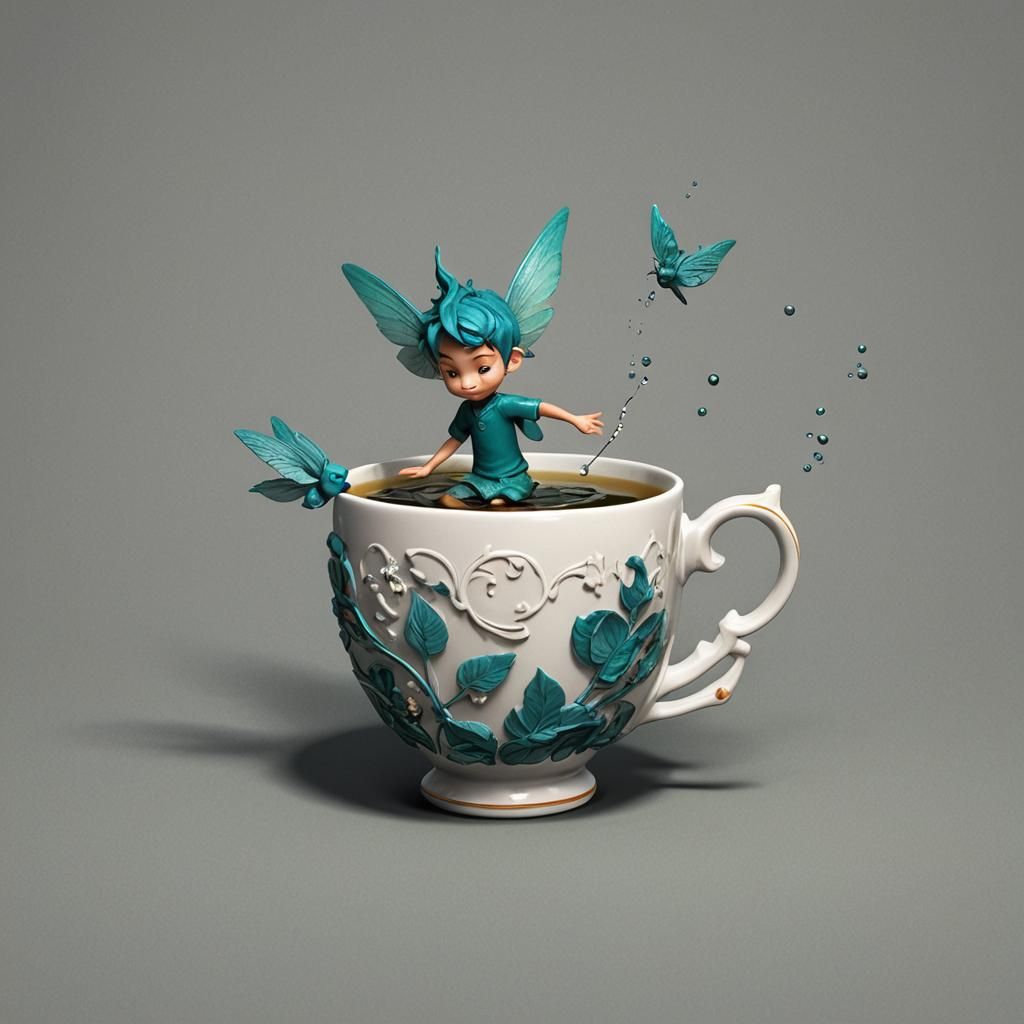 Teal Fairy Swims in Teacup, 3D Art