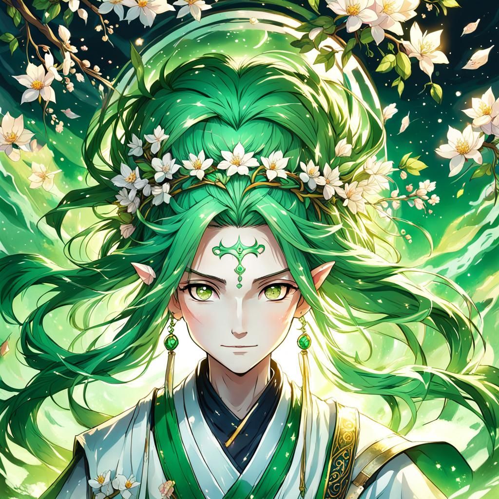 Green-Skinned Eladrin Monk in Anime Style