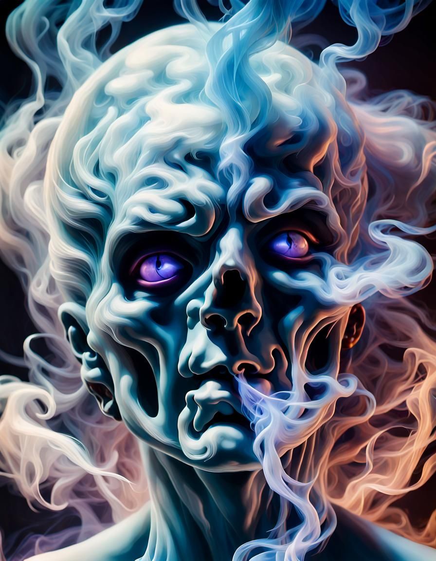 Ethereal Floating Head with Ghostly Smoke Tail