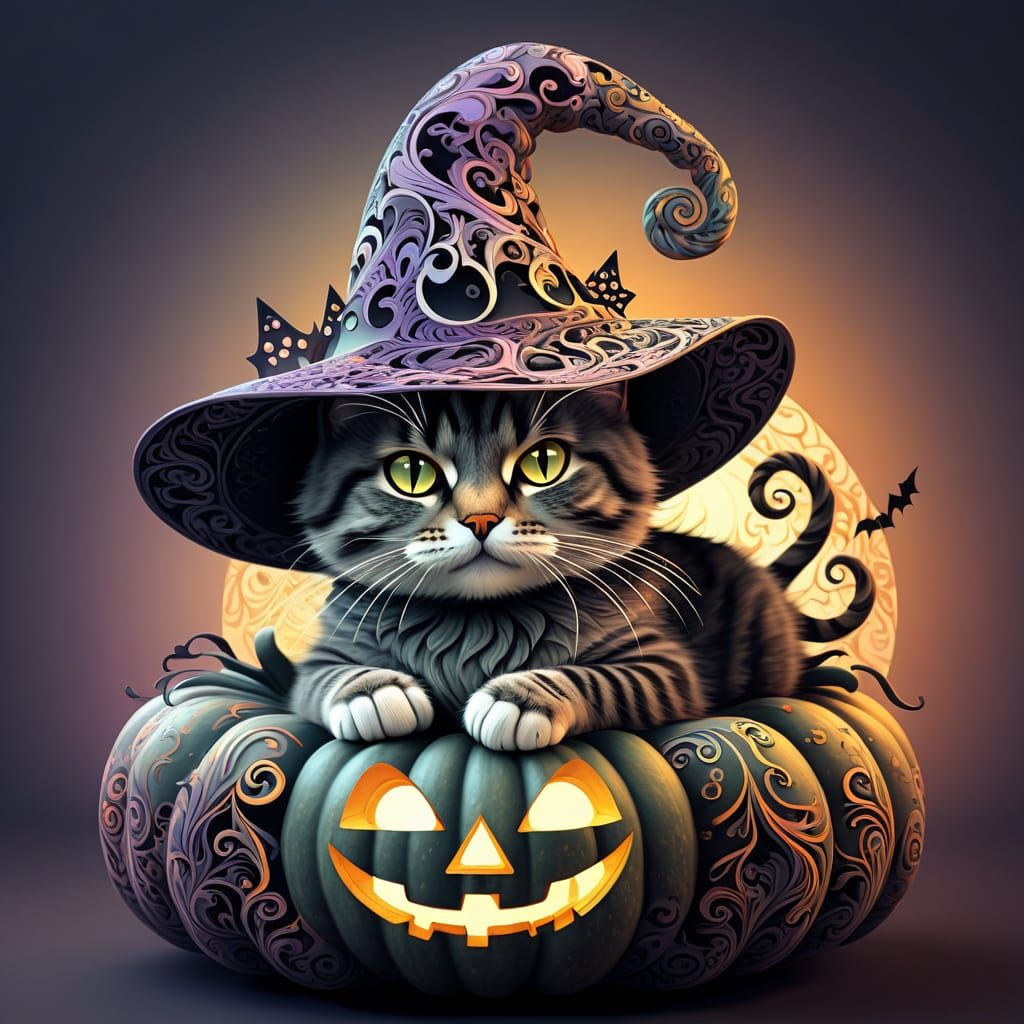 Sweet Kitty in Witch Hat on Pumpkin, Abstract Fractal Zentan...