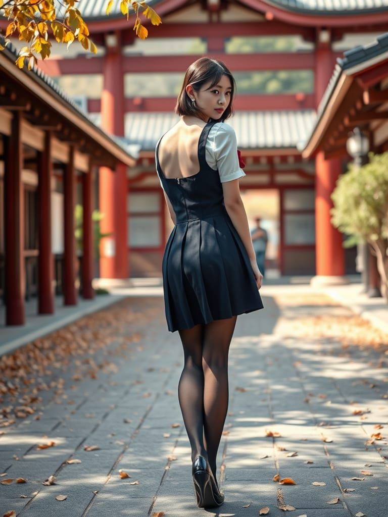 Kaori in Shrine Courtyard with Autumn Leaves