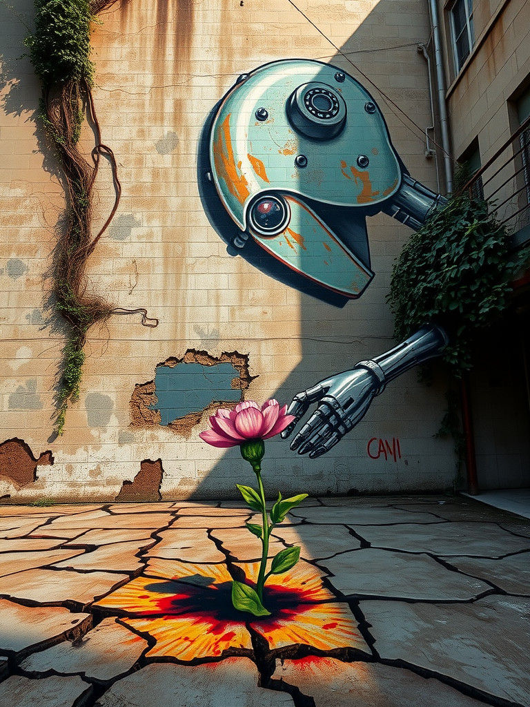 Robot Graffiti Art on Distressed Building