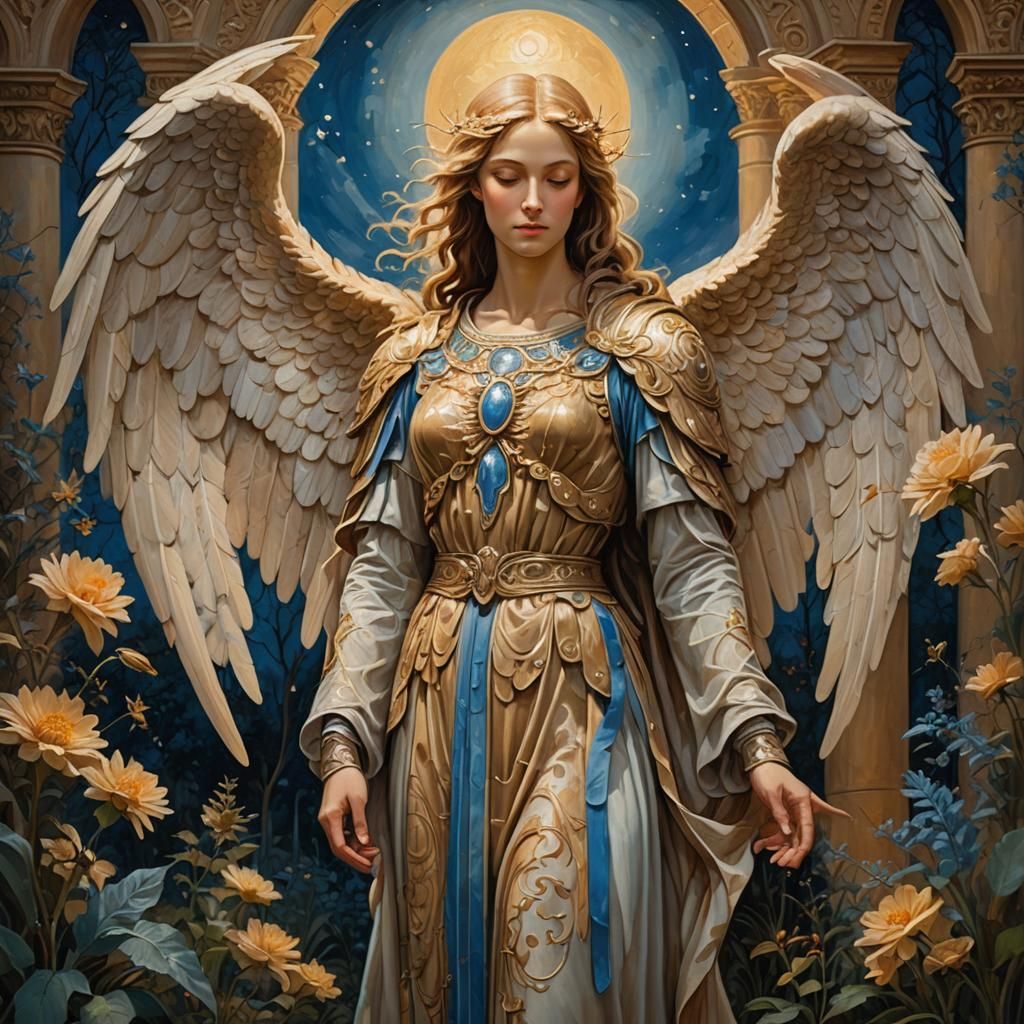 Serene Archangel in Moonlit Garden, Symbolist Oil Painting