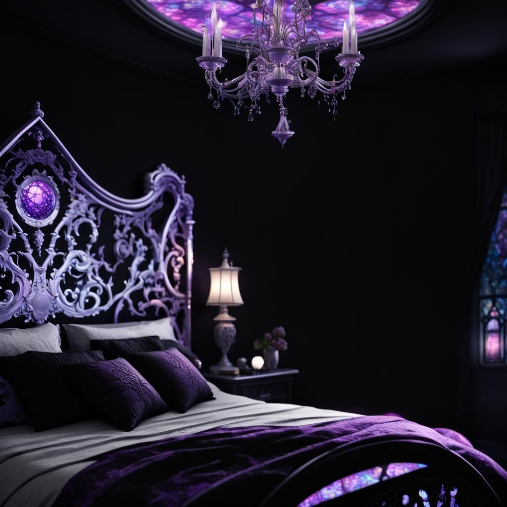 Multi chromatic holographic purple gothic bedroom with holog...