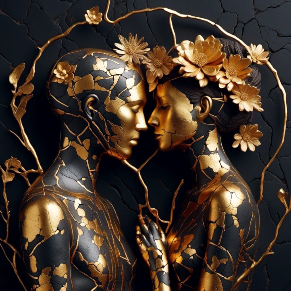 Kintsugi Flower Couple on Dark Background